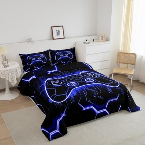 Feelyou Kids Blue Gamer Comforter Set Toddler Size, Honeycomb Gaming Comforter Boys Girls Modern Game Console Bedding Set Game Teens Duvet Set Bedroom Decor with 1 Pillow Case - Image 3