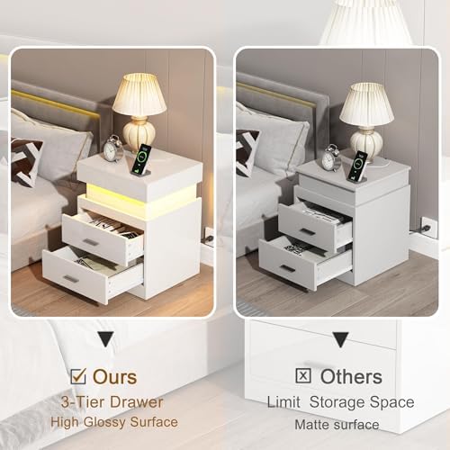 ChooChoo LED Nightstand Set of 2,Smart Night Standwith Charging Station and Sliding Top Storage, White - Image 5