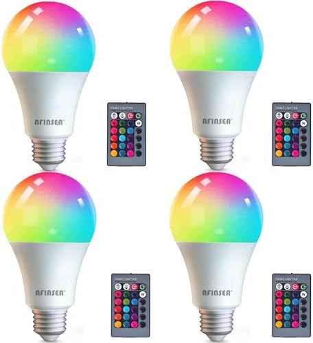 RGB Color Changing Light Bulbs,40W Equivalent,9W RGB LED Light Bulbs,A19 E27/E26 Warm White 6500K,16 Color Multicolor Light Bulb Dimmable Light for Home Party Bedroom Outdoor(4Pack) by AFINSEA