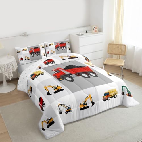 Boys Red Construction Bedding Set Cartoon Excavator Comforter Set for Kids Boys Tractor Truck Car Duvet Set Vehicles Comforter 1 Comforter Set with 2 Pillowcases Full Size Boys - Image 3