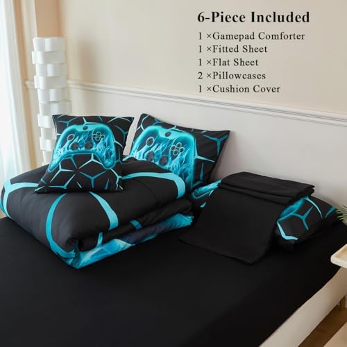 Gamer Twin Bedding Set for Boys 6 Pieces Gamepad Comforter Set for Kids Teens Black Aqua Bed in A Bag 3D Geometric Video Gaming Bed Sets with Sheets(Aqua, Twin) - Image 4