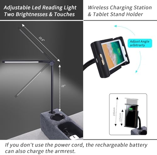 Removable Sofa Armrest, Dual Cup Holders Large Size Multifunctional Couch Caddy Storage Arm Rest with Power Wireless Charging Stand & LED Reading Light for Sofa Middle Seat Adjustable - Image 4