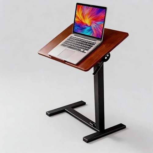 Mobile Standing Desk Adjustable Overbed Table, Pneumatic Height Adjustable Rolling Laptop Desk with Hidden Wheels, 0-180°Tilt Top Rolling Computer Cart Foldable for Home Office, Craft & Study, Brown - Image 2