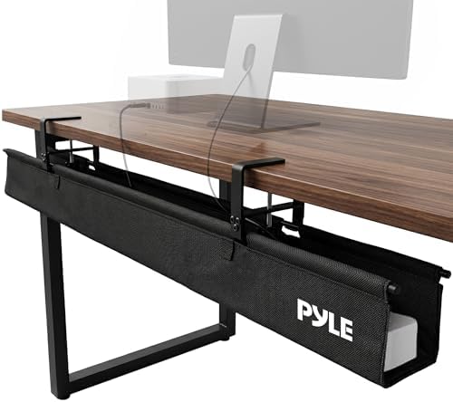 Pyle 48" Under Desk Cable Management Tray, Under Desk Wire Organizer with Clamp or Screw Mount, Desk Cable Organizer with Fabric Design for Large Workstations, Built-in Ties, 20 lb Capacity, Black by PyleUSA