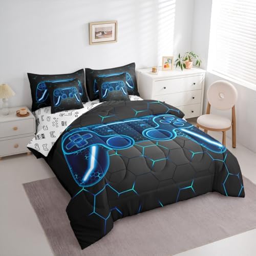 Feelyou Gamer Comforter Set with Sheets for Kids Boys Teens Game Controller Bed in a Bag Gaming Gifts 7 Piece Bedding Set Queen Size for All Season,Blue Bed Set - Image 2