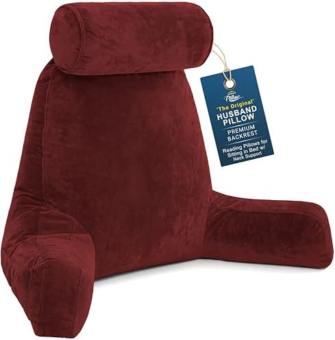 Husband Pillow XXL The Original for Adults - 30" Tall Backrest for Sitting Up in Bed - Firm Support Reading & Bed Rest Pillows for Adults, Neck Roll, Removable Cover - TV - Maroon by HusbandPillow