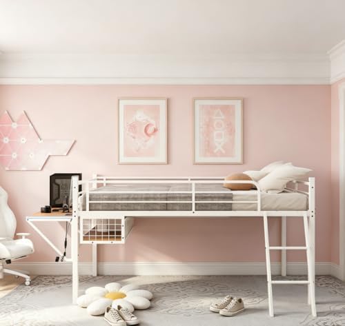 Bellemave Full Loft Bed with Desk, Gaming mid loft Bed with Desk, LED for Adults, Teens, Kids, White - Image 3