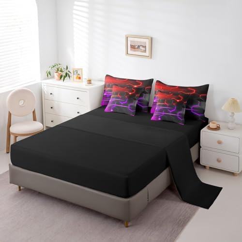 Feelyou Honeycomb Bedding Set Geometrical King Comforter Set with Sheets for Kids Boys Girls Teens Room Decor Modern Hexagon Theme Bed in a Bag 7 Piece Beehive Red Purple Bed Set - Image 4