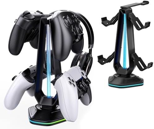 RGB Headset Stand with 9 Light Modes and 2 USB Charging Ports - Controller Holder for Desk - Headphone Stand & Detachable Controller Hook for PC Earphone Gaming Room Setup Accessories by Oritikur