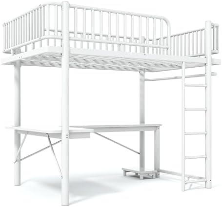 Bellemave Full Metal Loft Bed with L-Shaped Desk,LED Lights and Charging Station,Heavy Duty Loft Bed Frame with Hanging Rod & CPU Tray for Kids Teens Adults,Space-Saving,White - Image 7