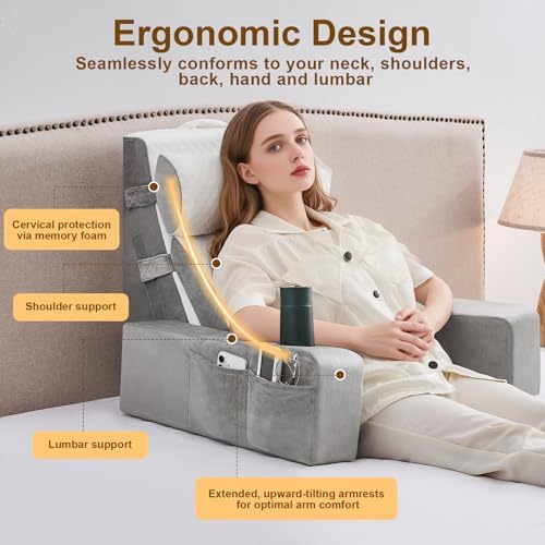 Reading Pillow for Sitting in Bed Adult, Back Pillow for Bed Sitting up with Arms, Pockets and Cup holder, Sit Up Backrest Pillows for Beds Chair Support, Rest Pillow for Gaming (Light gray, 5PCS) - Image 4