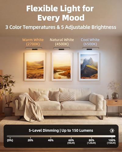 EZVALO Picture Light for Wall, 16'' Black Rechargeable 4800mAh Black Lights Wireless Remote, Dimmable Magnetic LED Art Painting Light with 3 Color Temperatures, Display for Gallery, Living Room(2P) - Image 4