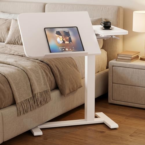 GTPLAYER Pneumatic Adjustable Standing Desk, 28 Inch Tiltable Mobile Rolling Laptop Table with Wheels, Overbed Bedside Table Computer Workstation for Home Office, White by GTPLAYER
