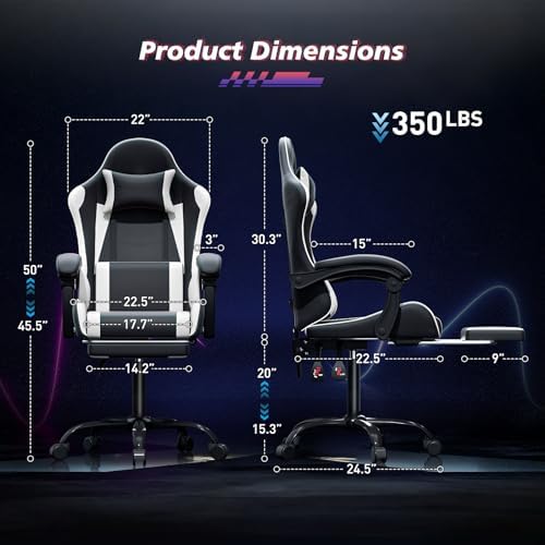 Magshion Video Gaming Computer Chair with Footrest, White | Ergonomic, Lumbar Support, Adjustable Height, Racing Style, High Back Recliner, Comfy Leather, Swivel Seat, for Home Office - Image 3