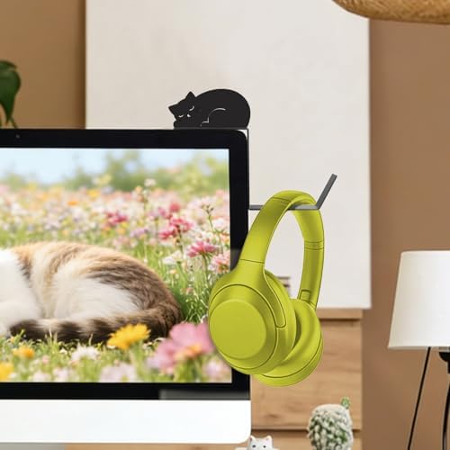 Metal Dog And Cat headphone holder for monitor, Lie cat, Black - Image 2