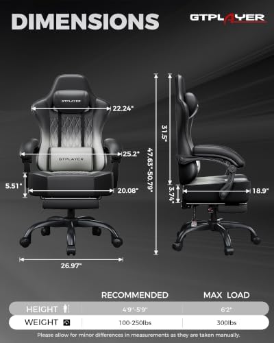 GTPLAYER Big and Tall Gaming Chair with Footrest, Ergonomic Office Desk Chair with 4.4in Thick Cushion and Wide Wingless Seat, Comfortable Leather Computer Chair, Predator Series, Gray Gradient - Image 3