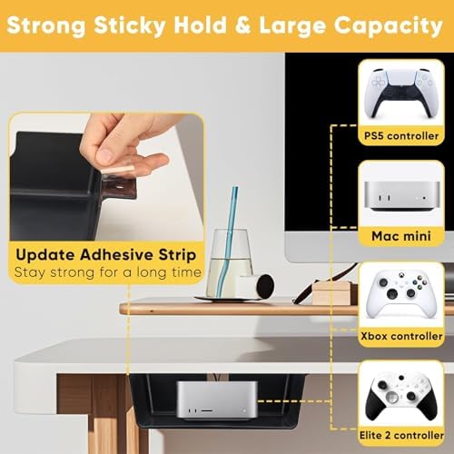 2 Pack Under Desk Hanging Shelf Drawer Organizer, Attachable Plastic Hidden Storage Tray, Easy Adhesive Mount Holder for Standing Tables, Office, Counters, Cabinets, Workstations - Black - Image 3