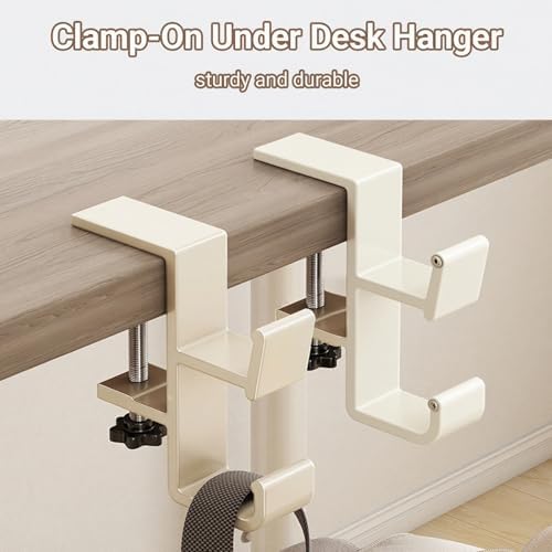 2-Pack Headphone Stand & Hook – Under Desk Headset Holder Clamp Mount for Gaming Headphones, Backpacks, Purses, Coats – Space-Saving Desk Accessories (White Dual Hook) - Image 2
