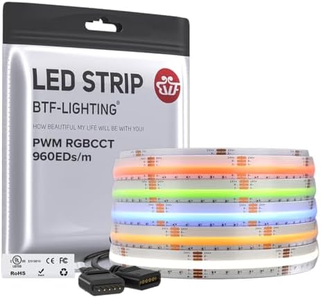 BTF-LIGHTING IP66 RGBCCT COB LED Strip Light, DC24V 16.4FT Color Changing by BTF-LIGHTING