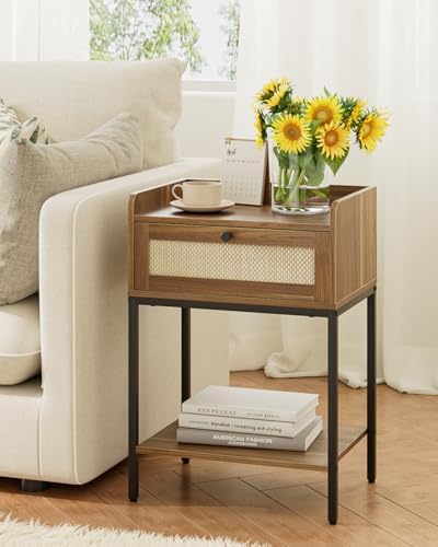 Masupu Rattan Nightstand,3-Tier Modern Bedside Night Stand with Storage Drawer and Shelf,Small End Side Table for Bedroom,Living Room,Walnut Brown (Without Outlet, Brown) - Image 6