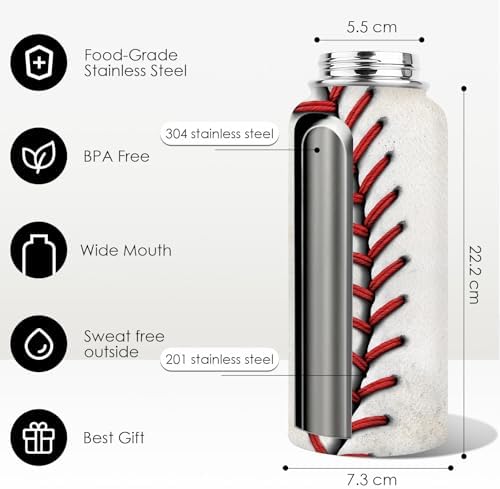 Baseball Water Bottle 32oz, Sport Travel Stainless Steel Tumbler With Lid, Double Wall Vacuum Insulated Coffee Cup Travel Mug, Fathers Day Birthday Baseball Gift For Boys Dad Husband - Image 5