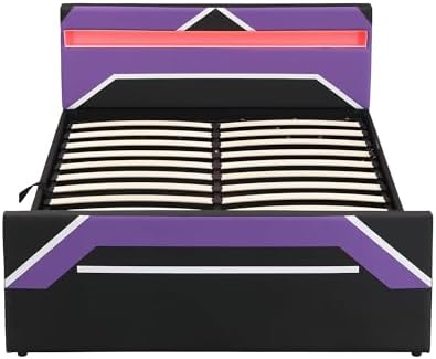 Merax Queen Size Gaming Bed with Built-in 7-Color LED Lighting Headboard, Side-Lift Hydraulic Storage Platform Bed, Cyberpunk Style, No Box Spring Needed, Black+Purple - Image 6