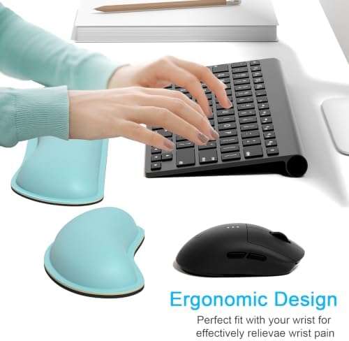 Dapesuom Keyboard Wrist Rest Set, Cute PU Leather Wrist Cushion for Computer Keyboard and Mousepad, Memory Foam Mouse Pad Rests Support with Non-Slip Base for Typing Pain Relief, Pale Robin Egg Blue - Image 2