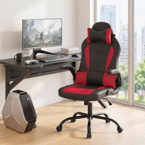 BestOffice | Gaming Chair | Red | PU Leather | with Lumbar Support | Ergonomic Racing Style Desk Chair with Recline, Padded Armrests, Headrest, Swivel & Caster Wheels | for Gamers, Home, Office - Image 2