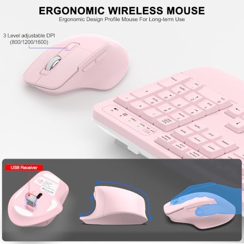 Wireless Keyboard and Mouse Combo, 2.4G Ergonomic Wave Keys(Light Pink) - Image 4