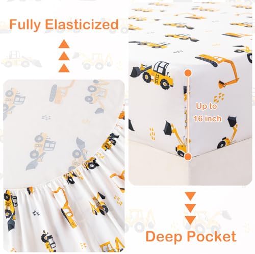 WINLIFE Kids Sheet Set Twin Size 3 Pieces Yellow Excavator Car Printed - Image 5