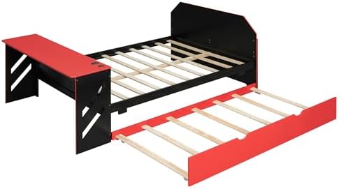 Bellemave Full Size Gaming Bed with Desk and USB,Full Bed with Trundle,Wood Platform Bed with Trundle for Girls Boys,Red - Image 5