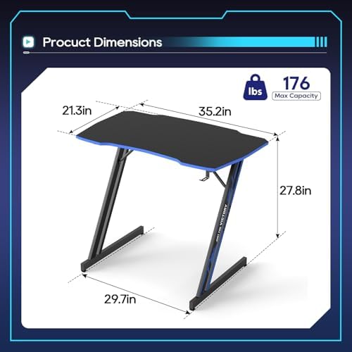 BestOffice Gaming Desk 35 in PC Computer Desk Z Shaped Gaming Workstation Ergonomic Gaming Table with Headphone Hook for Home Office,Black&Blue - Image 3
