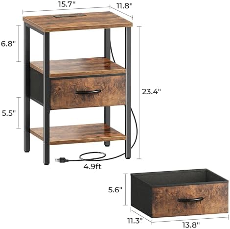 SUPERJARE Nightstand with Charging Station, Bed Side Table with Adjustable Fabric Drawer, Night Stand for Bedroom, 3-Tier Storage End Table, for Living Room, Rustic Brown - Image 3