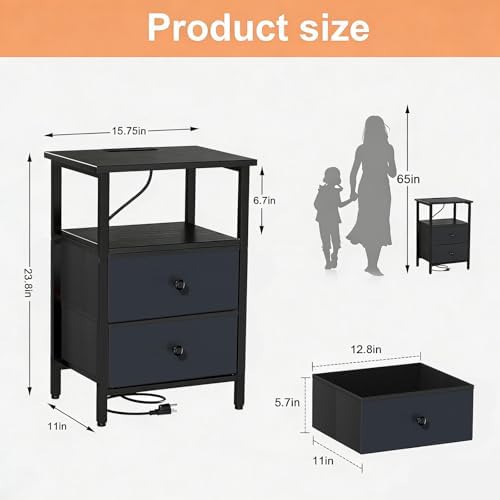 Nightstand with Charging Station, Bedside End Table with 2 Fabric Drawers for Bedroom, Side Table with USB Ports and Outlets (Black) - Image 2