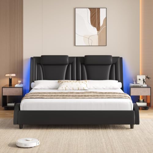 Keyluv King LED Upholstered Bed Frame with Adjustable Headboard, Black - Image 3