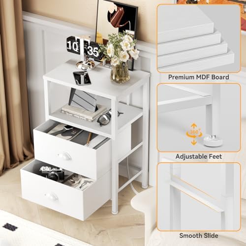 Furologee Nightstands Set of 2, End Tables Set of 2 with Charging Station and LED Lights, White Night Stands with 2 Fabric Drawers, Bedside Tables for Living Room/Bedroom - Image 6