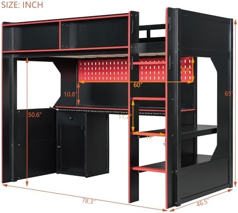 Merax Twin Size Gaming Loft Bed with Integrated Desk and Lights, Black+Red - Image 3