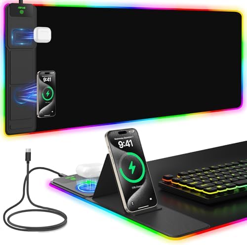Mouse Pad with Foldable Phone Holder & Wireless Charger, XXL RGB Gaming Mousepad 31.5"x15.8" Large Desk Mat for Keyboard, Black Desk Pad with Dual Qi Charging Station | 11 Colors 5 Modes | Waterproof by miroddi
