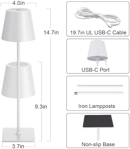 Kakanuo White Gold Cordless Rechargeable Table Lamp 5000mAh Battery Operated Lamps, 3 Colors Stepless Dimming Touch Lamp for Living Room, Kitchen Counter, Dining, Outdoor Patio, 2 Pack - Image 5