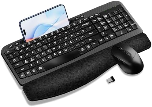 Hayyiesh Ergonomic Wave Keys Wireless Keyboard and Mouse Combo, Full Size with Memory Foam Wrist Rest & Phone Holder, 2.4G Cordless Set with USB-C Adapter for Windows Mac Desktop Laptop (Black) by Hayyiesh