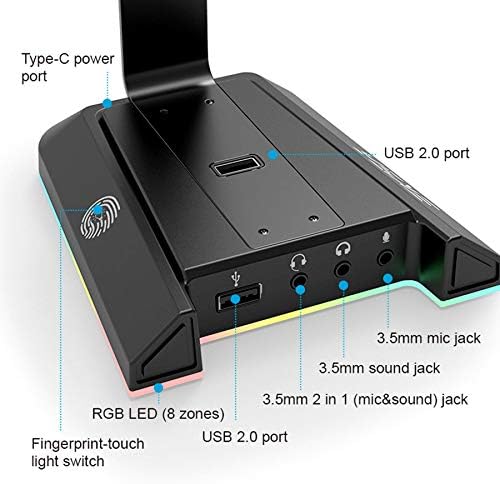 EKSA Headphone Stand, RGB Gaming Headset Stand for Desk with 7.1 Surround Sound, Headphone Holder with 3.5mm Aux and 2 USB Ports, Aluminum PC Gamer Headset Accessories for All Headphones Size - Image 4