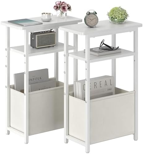 sthmec Narrow Side Table Set of 2, Skinny End Tables with Fabric Basket, Small Side Tables for Small Space,2-Tier Open Shelves with Basket, Slim Nightstands Set 2 for Bedroom,Livinroom,Office,White by Unknown