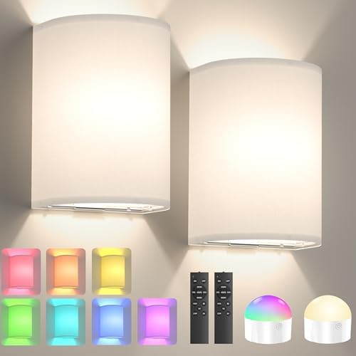 Battery Operated Wall Sconce Set of Two: 10000mAh Wireless Wall Light with Rechargeable Magnetic Bulb - Dimmable Wall Lamp with 7 RGB Colors - Linen Shade Sconces with Remote for Bedroom Living Room by Yunaking