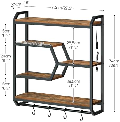 HOOBRO 27.5" Floating Shelf with LED Lights, Gaming LED Wall Mounted Shelf with Hanging Rod & 4 S-Hooks, 4-Tier Hanging Display Rack, for Living Room, Gaming Room, Rustic Brown and Black BF71DBJ01 - Image 2