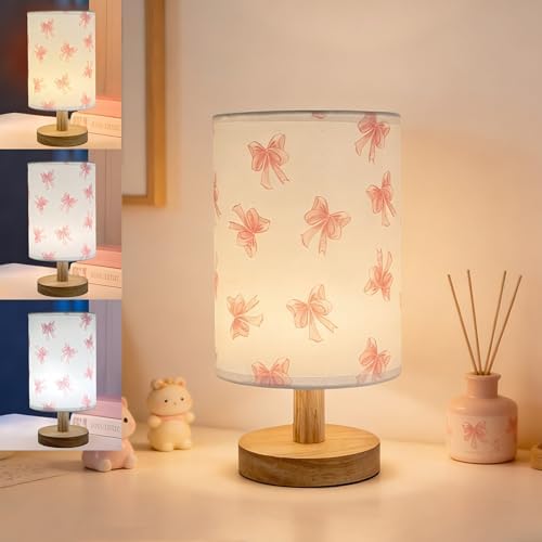 Pink Bow Bedside Table Lamp for Bedroom,Kids Room Decorative Lights 3 Colors Dimmable Nightstand Night Light with Flaxen Fabric Shade Desk Lamp for Girls Boys Birthday Gifts for Home Living room Decor by Unknown