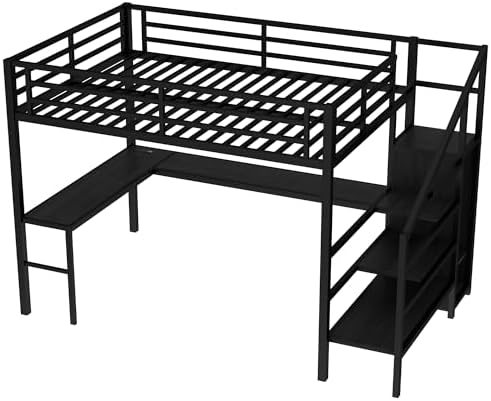 Queen Size Loft Bed with Desk and Storage Stairs, Metal Loft Bed Frame with Multi-color LED Lights, Charging Station, and Hanging Rod, Heavy-duty Loftbed for Kids, Teens, Adults, Noise-free, Black - Image 5
