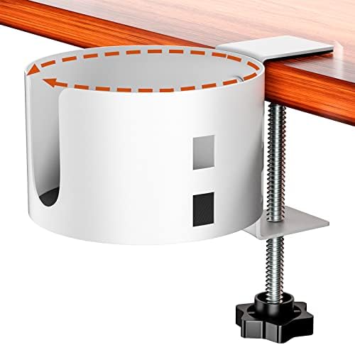 Upgraded Large Desk Cup Holder Clamp, Anti-Spill Cup Holder for Table, Durable 5 Adjustable Directions, Metal Office & PC Gaming Desk Accessories, Enough to Hold Coffee Cups, Water Bottles, White by OOKUU