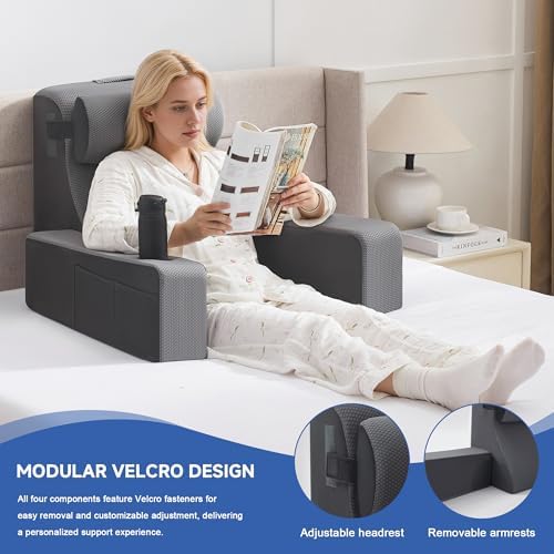 Reading Pillow for Bed, Back Pillow for Bed Sitting Up, Bed Pillows for Sitting Up with Adjustable Armrests, Cup Holder & Large Pocket, Backrest Cushion for Reading, Watching TV (Dark Grey, 4PCS) - Image 5