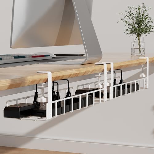 2 Pack Under Desk Tray, 31.4" No Drill Wire Management with Upgraded Clamp, Metal Cord Organizers for Desk, PC Cable Rack, White by Xpatee