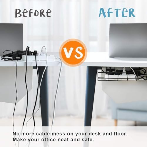 Under Desk Cable Management- 6 Pack Cord Organizer. Metal Wire Cable Management Tray for Office, Studio and Home. Super Sturdy Under Table Cable Managements - Black Cable Organizer - Image 2